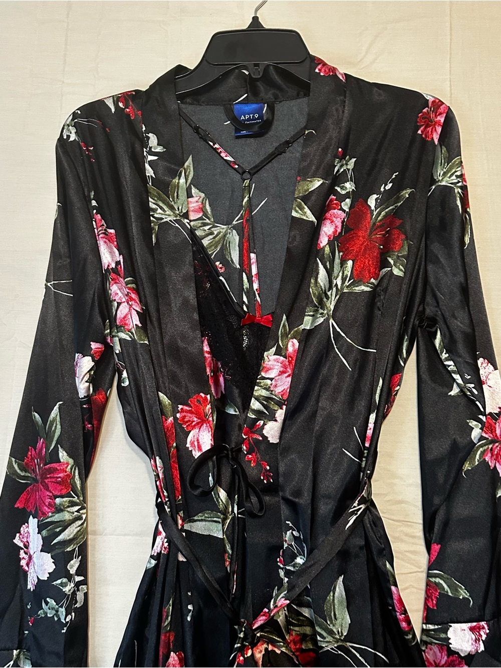 Apt. 9 Black Satin Floral Slip Dress with Pink & Red Blooms